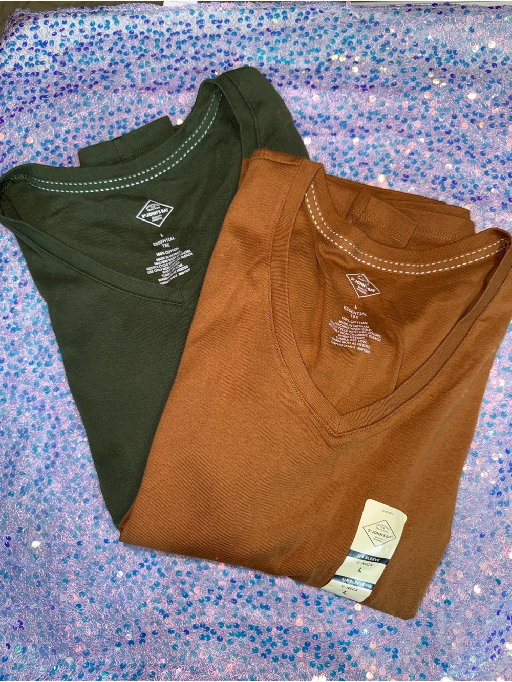 3098-St. John's Bay V-Neck Tees in Olive Green and Chestnut Brown